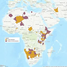 Distribution map shows a scattering of African areas shaded in as extant (resident) or possibly extant (possibly resident), mostly focusing on the Sahara desert region, Western Africa, and the southern African countries of Namibia and Botswana.