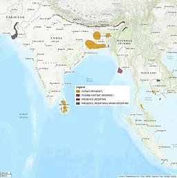 Map shows India and surrounding countries; very few regions are highlighted, but there are small regions on Sri Lanka, along the Bengal coast of India, as well as some portions of Bangladesh highlighted as Extant, or resident.