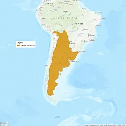 Map shows South America. There is a large region indicating where this cat is extant, or resident, covering the southern half of the continent, with the except of the Andes mountains and the Chilean coast.