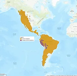This distribution map shows the North and South American continents. Most of South America is shaded in, as well as most of the western United States and southwestern Canada. There are a few random spots shaded in Florida and central Canada and US as well.